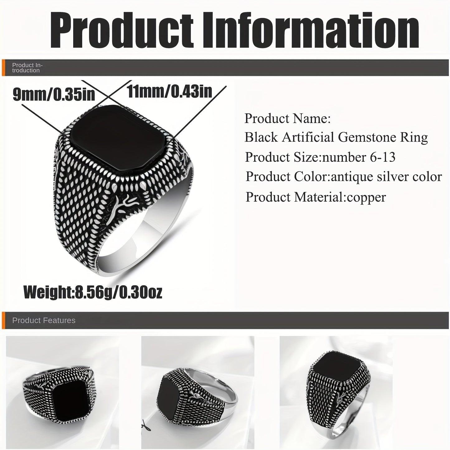 Vintage Gothic Textured Black Stone Ring