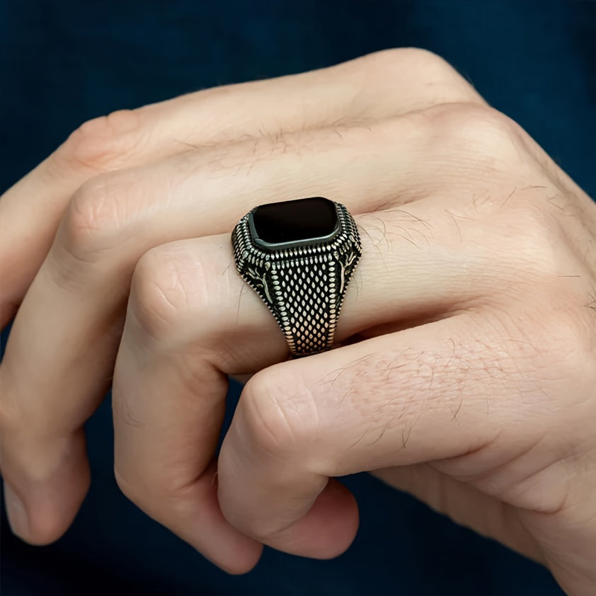 Vintage Gothic Textured Black Stone Ring