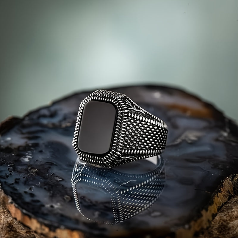 Vintage Gothic Textured Black Stone Ring